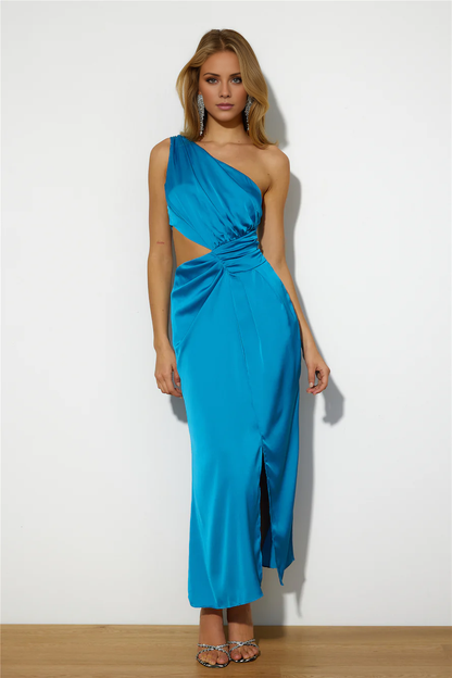 One Shoulder Collar Open Back Side Split Long Prom Dress