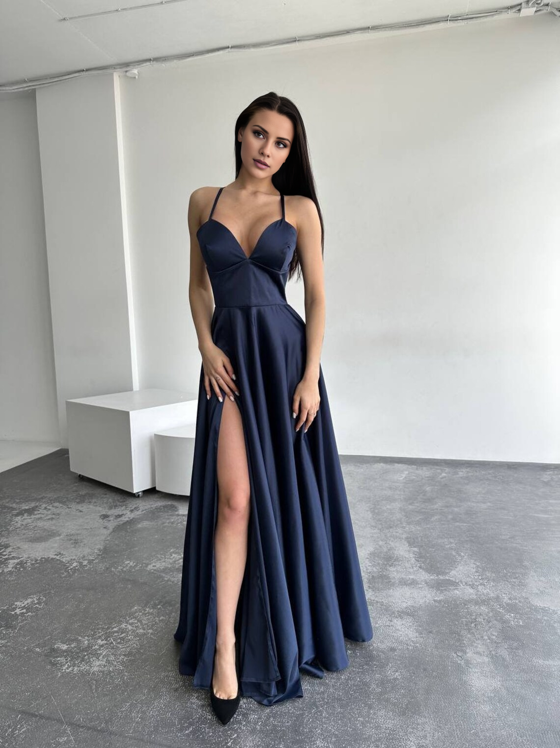 satin thin shoulder strap with side slit and floor length evening dress