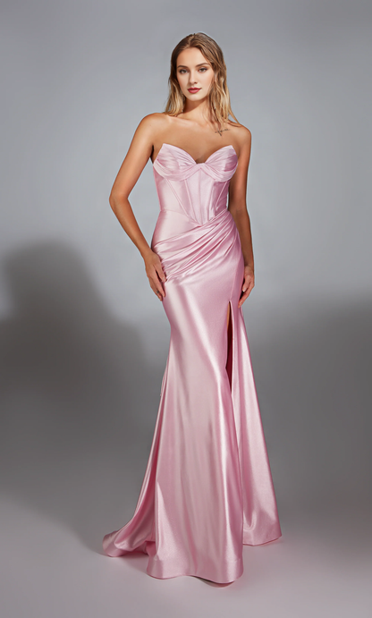 Satin strapless slim evening gown with trumpet shaped tight corset and slit long formal dress