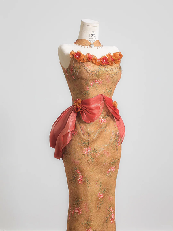 Orange strapless classic floral pattern fitted waist bodycon long ball gown R8227