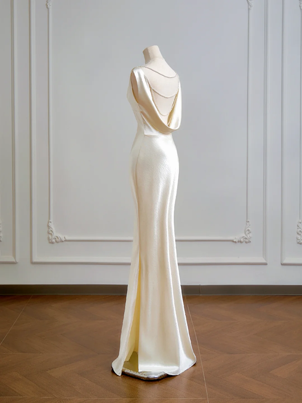 Champagne-colored satin fitted backless bodycon long ball gown R8161