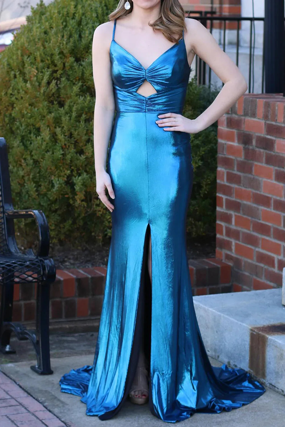 deep blue mermaid lock hole shaped back long satin slit Prom dress