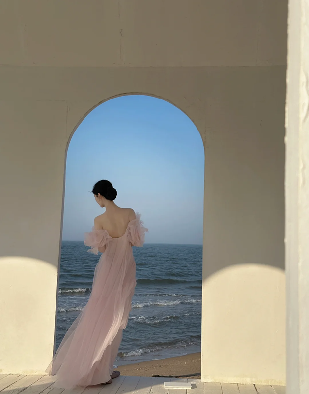 Light pink off‑the‑shoulder backless sexy long ball gown R7992