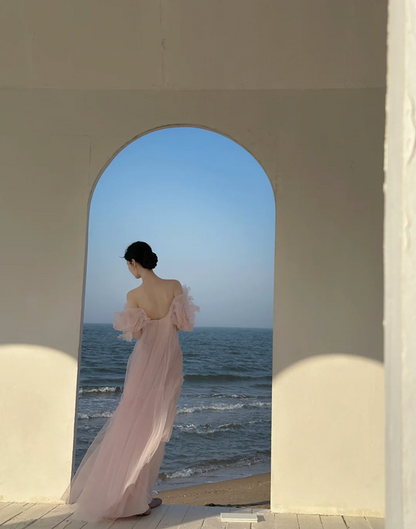 Light pink off‑the‑shoulder backless sexy long ball gown R7992