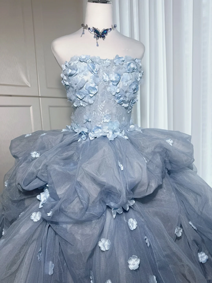 Light gray-blue strapless, fitted waist, three-dimensional floral, full skirt, long ball gown R8368