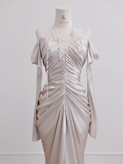 Light champagne-colored off-the-shoulder, fitted, long, sexy ball gown/bridal dress R8277