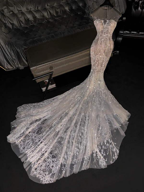 Light pink round neck, fitted waist, bodycon long elegant ball gown, bridal dress R8763