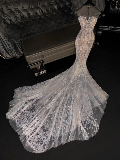 Light pink round neck, fitted waist, bodycon long elegant ball gown, bridal dress R8763