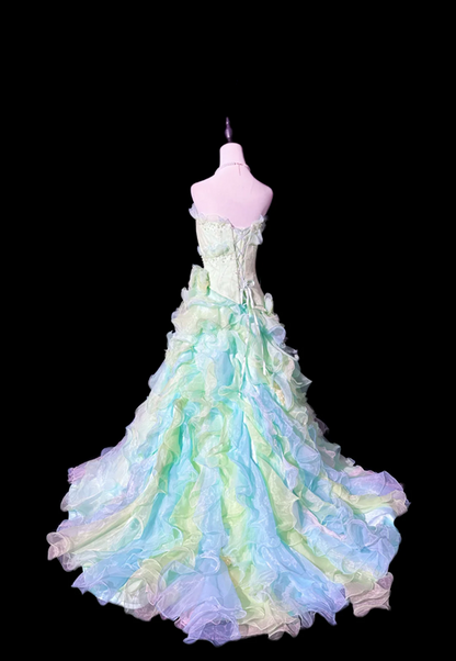 Light green strapless fitted waist slim-fitting cake skirt long ball gown R8674