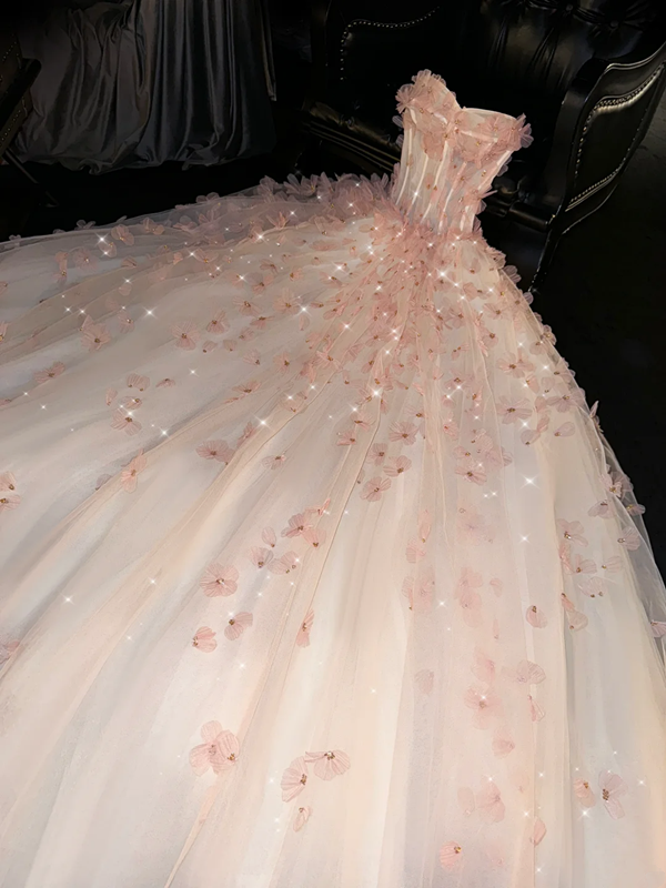 Pink strapless, fitted waist, full skirt, long ball gown R8733