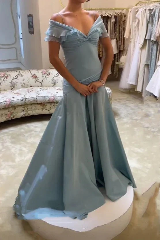Retro Style A-line Off Shoulder Grey Blue Ruffle Long Prom Dress