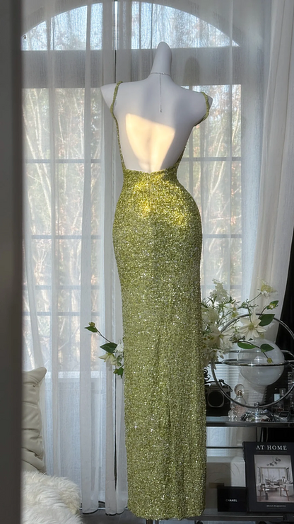 Light green sequined halter-neck fitted backless sexy ball gown R8096