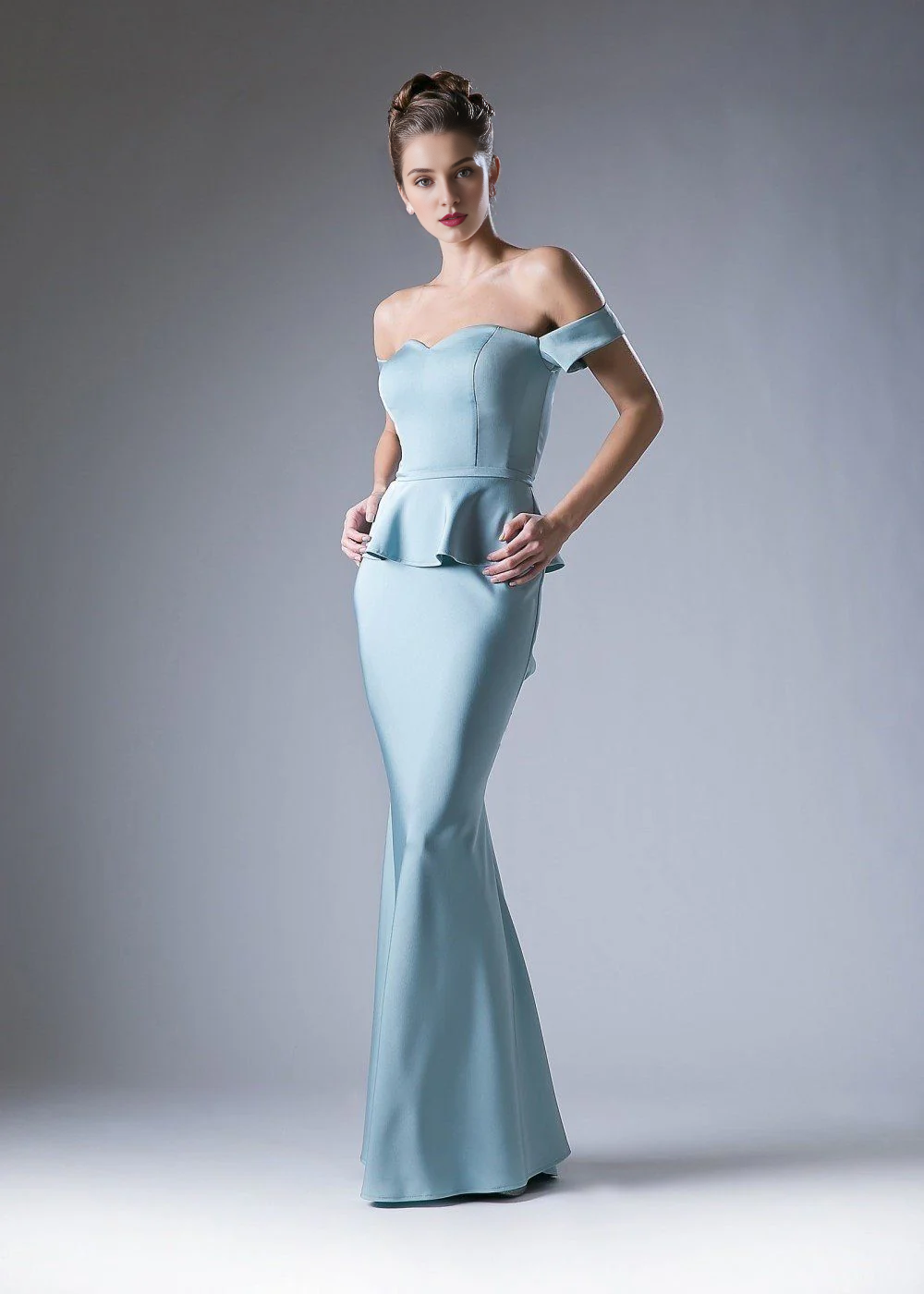 Long off shoulder ruffled fish tail dress