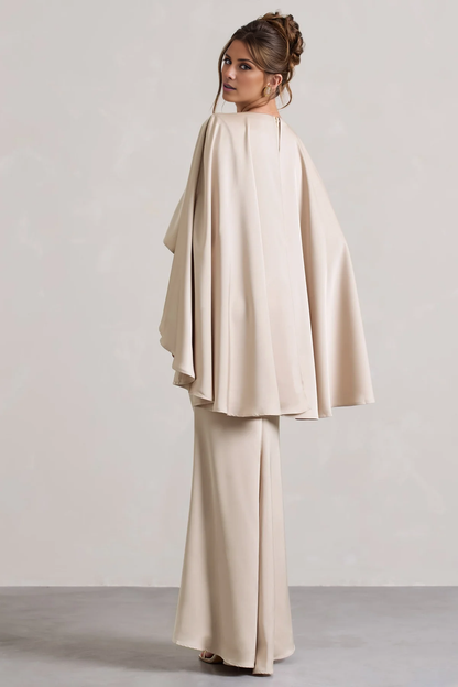 Cloak sleeves satin deep V-neck and floor length evening dress - dress