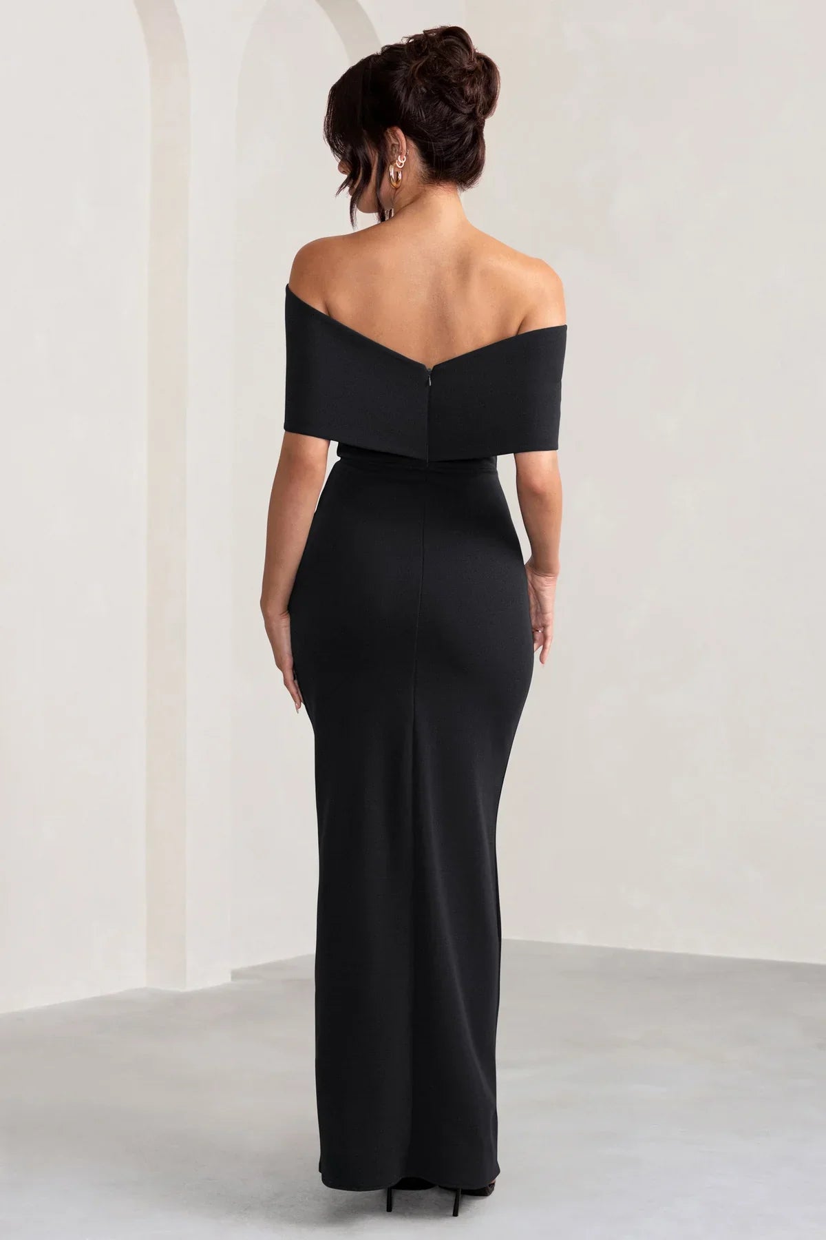 Off shoulder neckline with bow details thigh slit and floor length even dress - dress