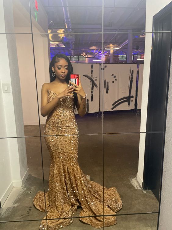 Sparkle Sequins Mermaid Evening Gowns Chic Strapless Prom Dresses