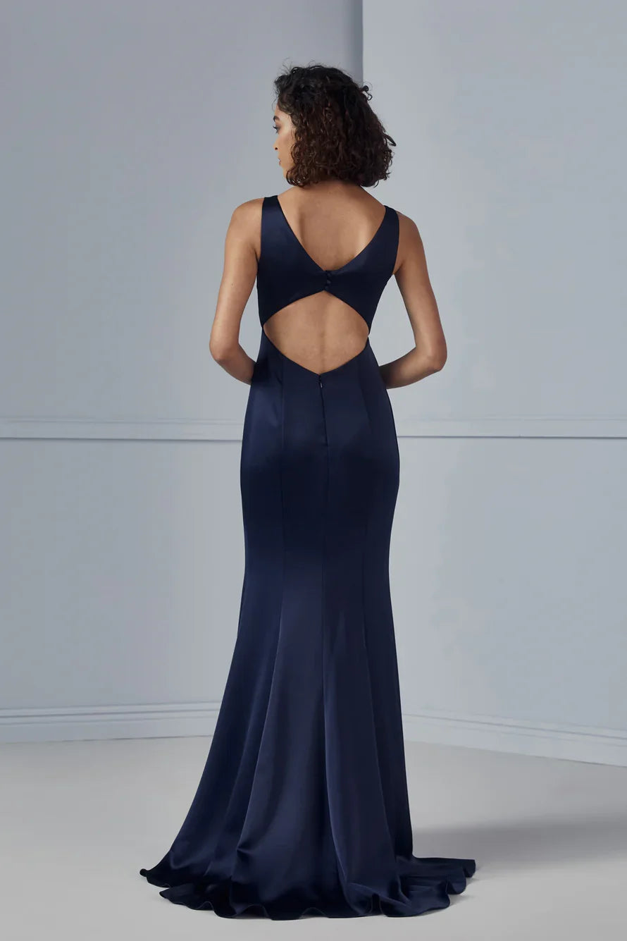 V-neck off shoulder sleeveless backless side slit and floor length Prom dress