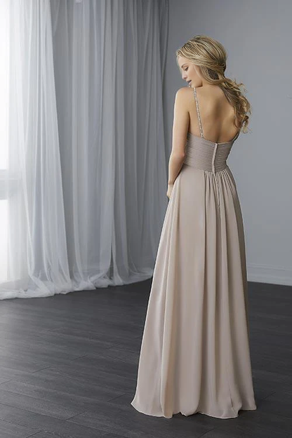 V collar off shoulder sleeveless thin shoulder strap backless and floor length Prom dress