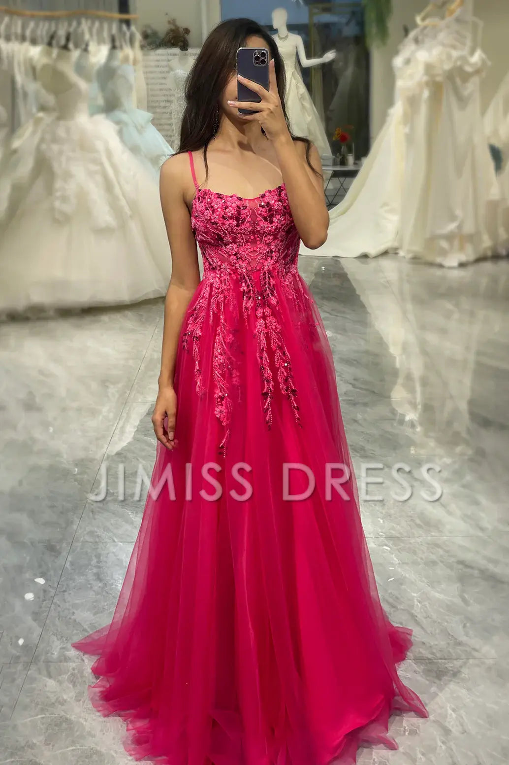 A Line Fuchsia spaghetti strap sheer long applique Prom dress