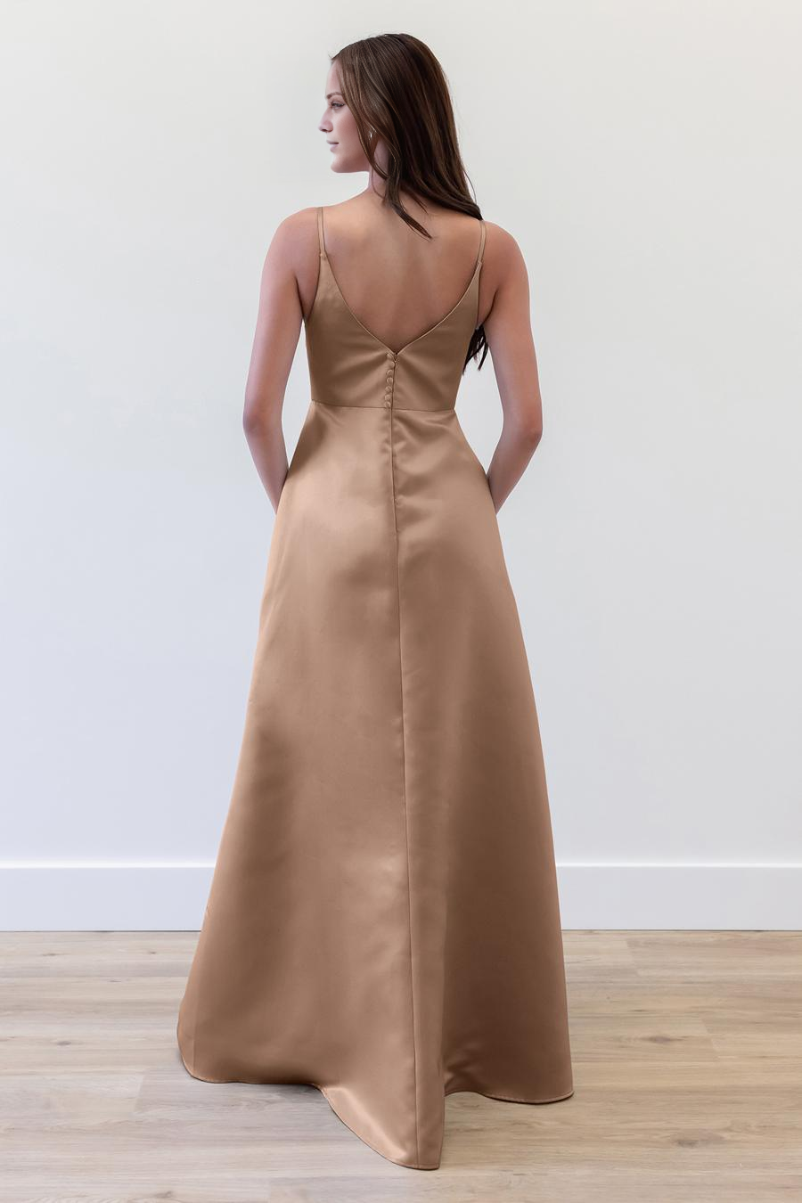 deep V-neck sleeveless button up backless and floor length evening dress
