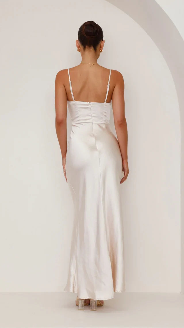 straight neckline thin shoulder straps side slit long Prom dress