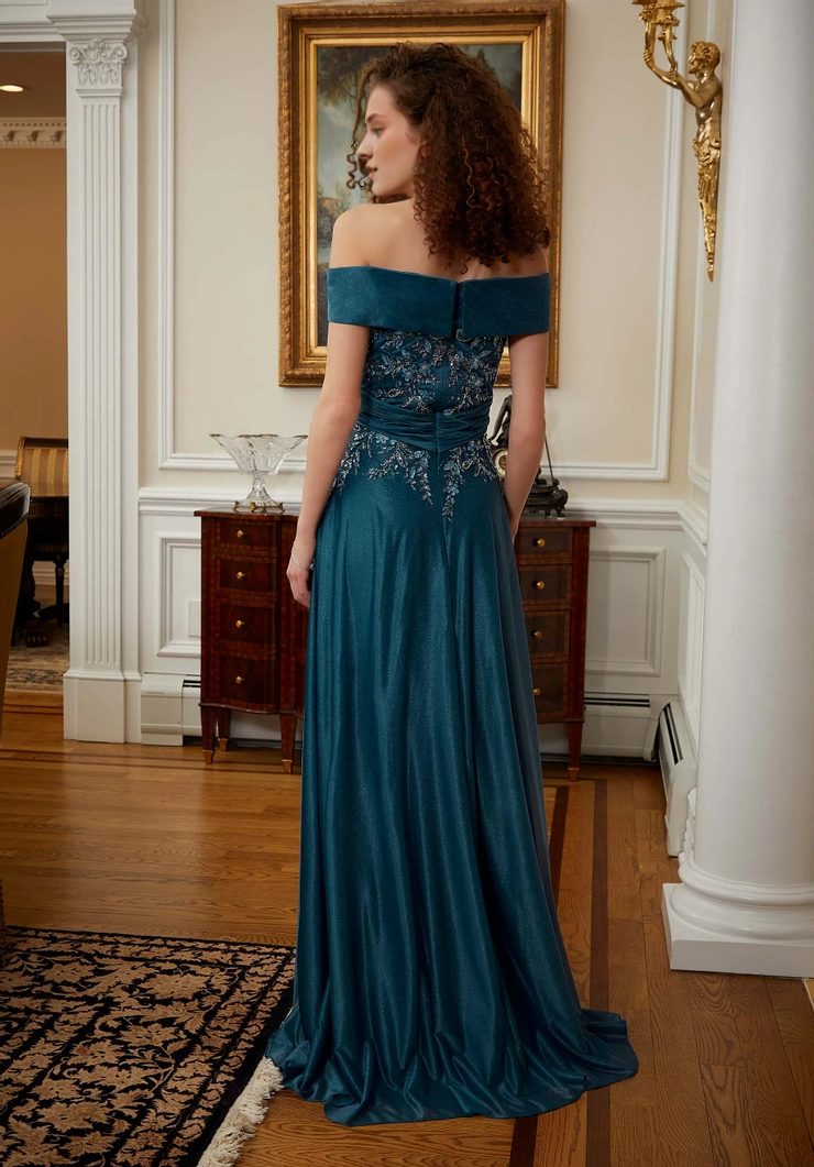 A-line off shoulder collar with bead embroidery tight corset for evening dress