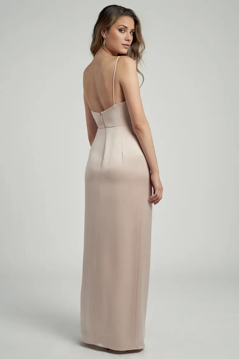 square neckline sleeveless thin shoulder strap backless side slit and floor length Prom dress