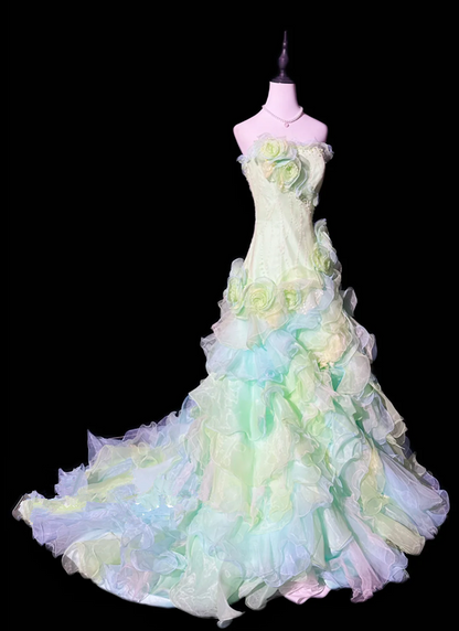 Light green strapless fitted waist slim-fitting cake skirt long ball gown R8674