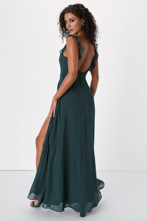 square neckline sleeveless backless side slit and floor length evening dress