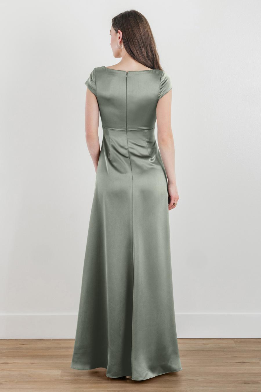V-neck short sleeved satin and floor length evening dress