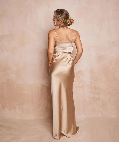 square neckline off shoulder sleeveless thin shoulder strap off back satin and floor length Prom dress