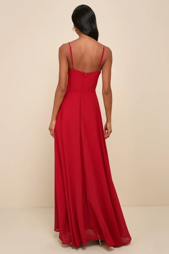 square neckline off shoulder sleeveless thin shoulder strap backless side split and floor length evening dress