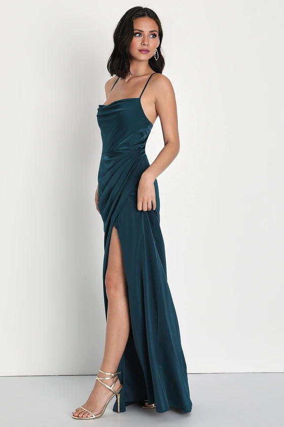 square neckline sleeveless thin shoulder strap backless side slit and floor length evening dress