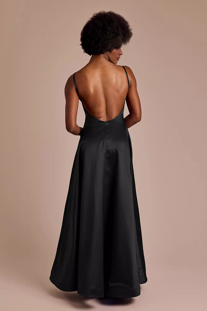 square neckline satin thin shoulder strap backless and floor length Prom dress