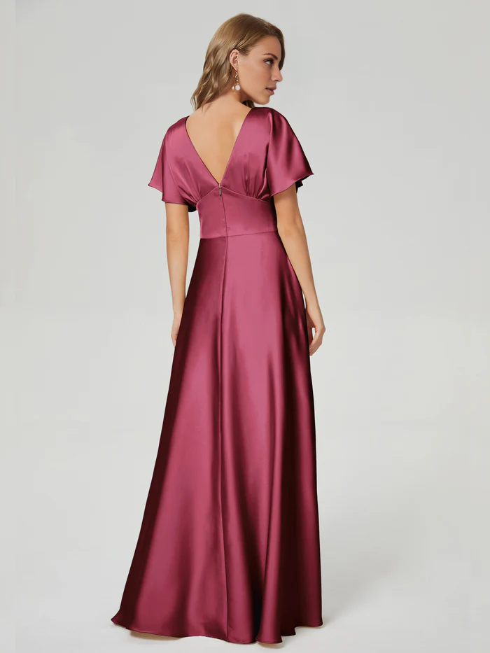 V-neck short sleeved and floor length Prom dress