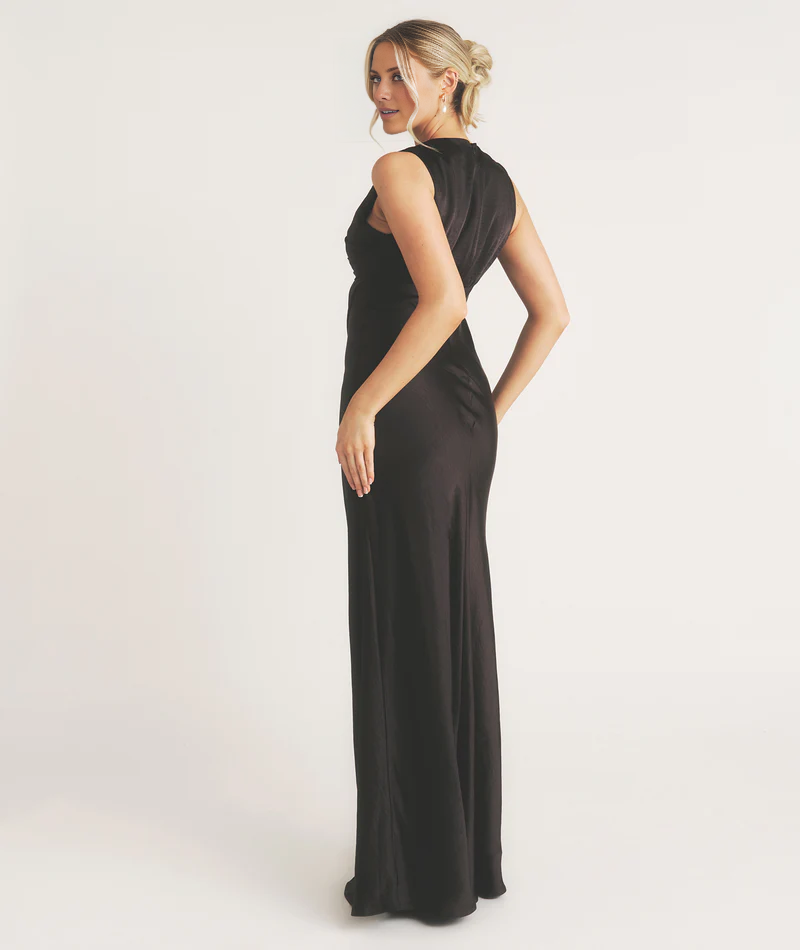 deep V-neck hanging details sleeveless and floor length Prom dress