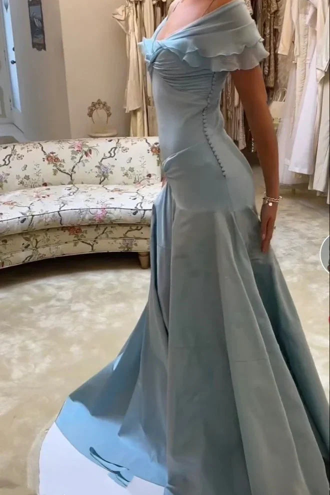 Retro Style A-line Off Shoulder Grey Blue Ruffle Long Prom Dress