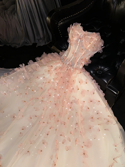 Pink strapless, fitted waist, full skirt, long ball gown R8733