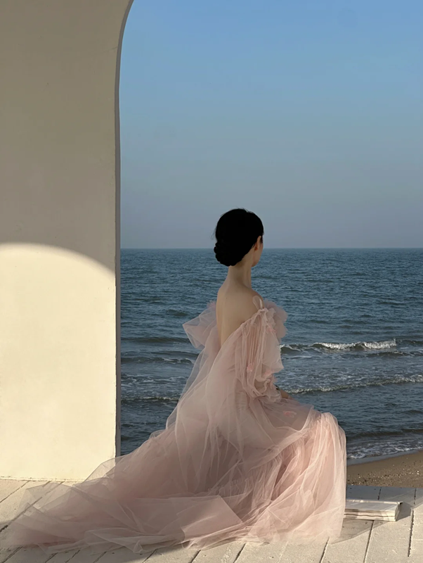 Light pink off‑the‑shoulder backless sexy long ball gown R7992