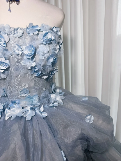Light gray-blue strapless, fitted waist, three-dimensional floral, full skirt, long ball gown R8368
