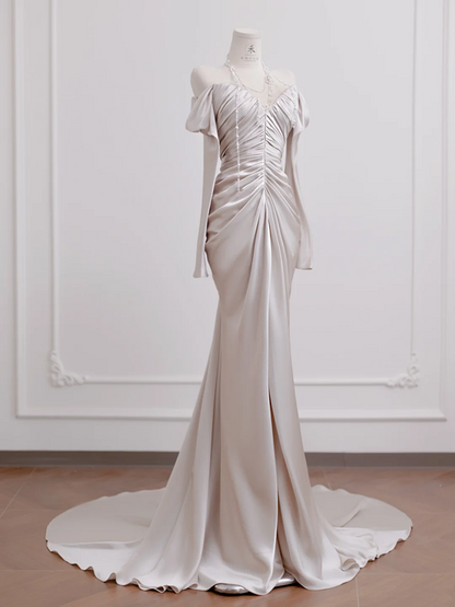 Light champagne-colored off-the-shoulder, fitted, long, sexy ball gown/bridal dress R8277