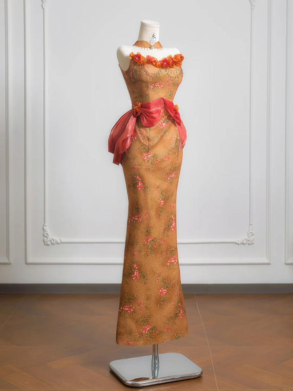 Orange strapless classic floral pattern fitted waist bodycon long ball gown R8227
