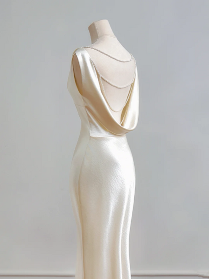 Champagne-colored satin fitted backless bodycon long ball gown R8161