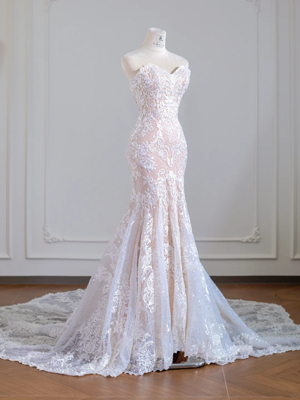 Light pink strapless fitted waist bodycon long lace ball gown/bridal dress R8247