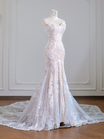 Light pink strapless fitted waist bodycon long lace ball gown/bridal dress R8247