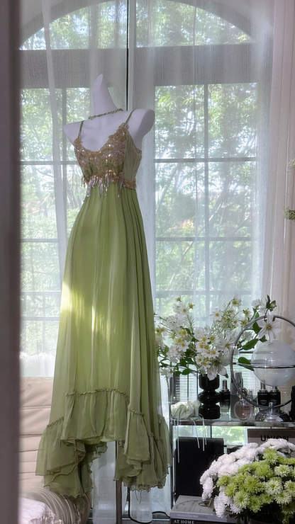 Gray-green halter-neck high-waisted long elegant ball gown R7641