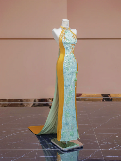 Light blue and yellow spliced cheongsam sexy long ball gown R8335
