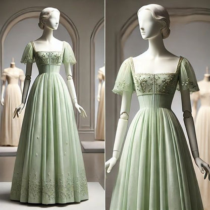 Green Tulle with Short Sleeves Formal Dress Green Sweet Gown