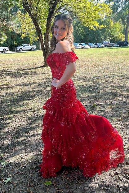off shoulder red sequin layered mermaid long dress