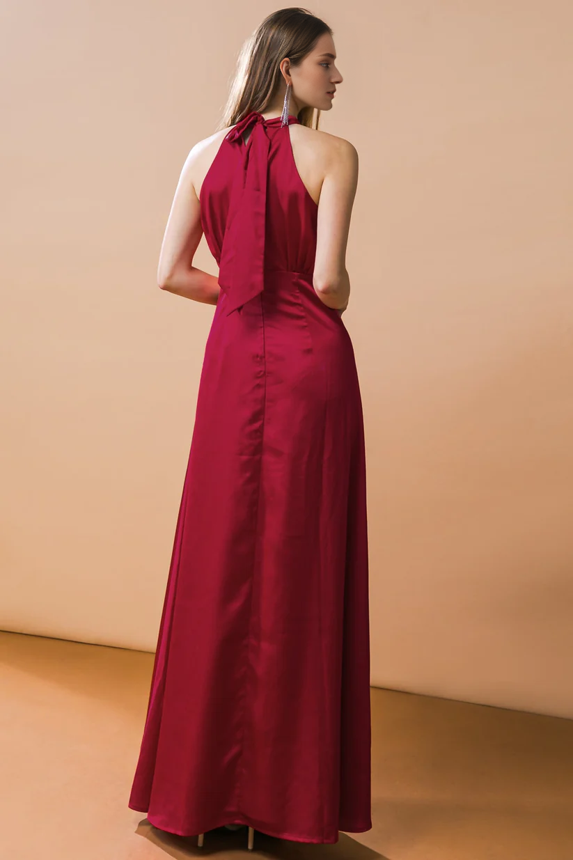 A-line hanging neck collar with exposed back lace up dress